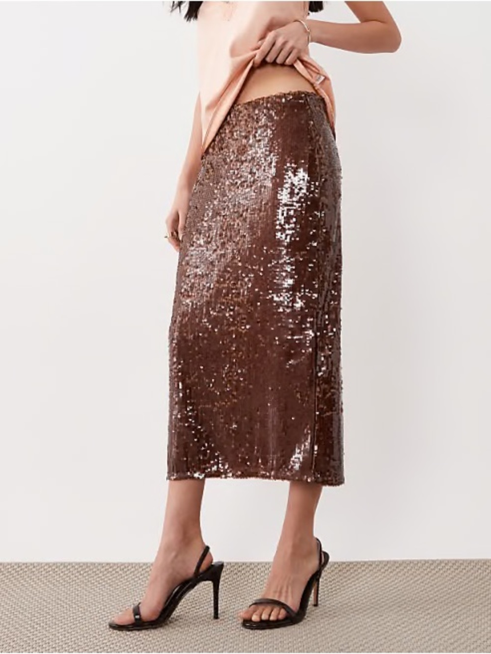 NWT MANGO Sequin Midi Skirt in Chocolate Brown